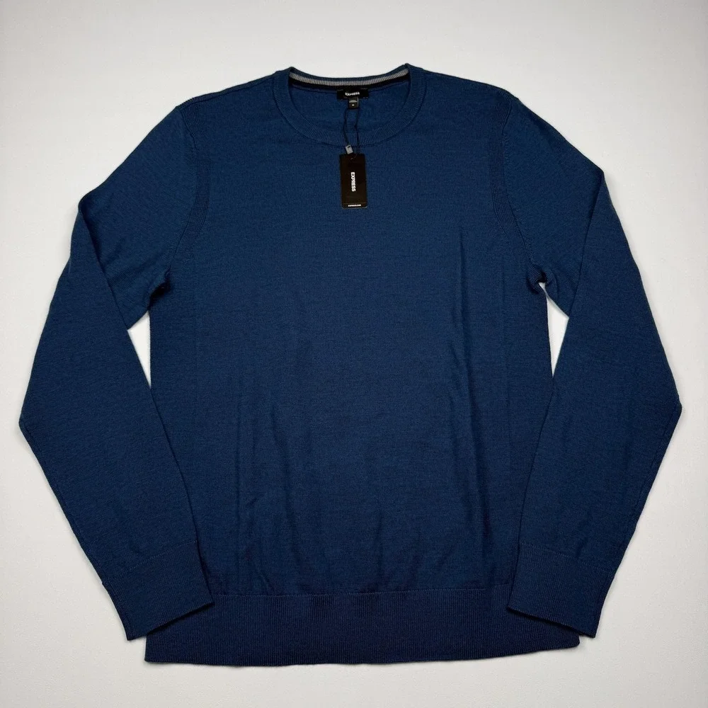 Express Sweater Mens Medium Blue Merino Wool Crewneck Knit Pullover Lightweight